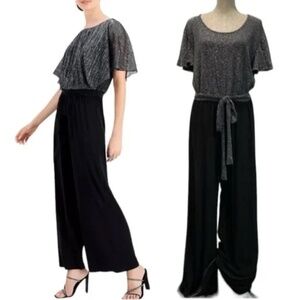 C&C California Jumpsuit Silver Black Wide leg Tie front Bow Plus Size 3X